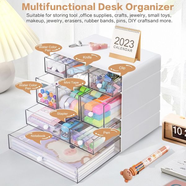 9-Drawer Desk Organizer, 4-Tier Plastic Storage Box with Clear Drawers, Stackable Desktop Storage Cabinet for Office Supplies, Makeup, Crafts