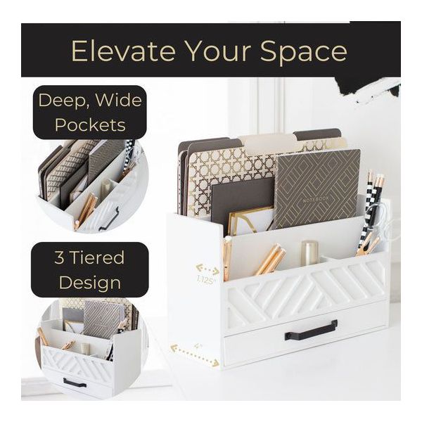 Blu Monaco Black Mail Organizer with Drawer and Gold Handle - Desktop Mail Holder and Office Supplies Storage