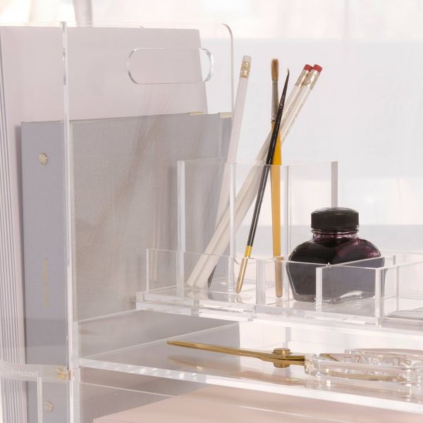 RUSSELL + HAZEL Acrylic Pencil Bloc: Clear Desk Organizer & Holder, Office Supplies, 4x4x4 Acrylic Pencil Holder