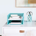 Blu Monaco 6 Piece Interlocking Aqua Desk Organizer Set - Office Organizer - Pen Cup, 3 Accessory Trays, 2 Letter Trays