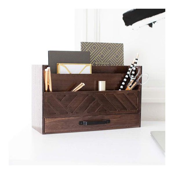 Blu Monaco Black Mail Organizer with Drawer and Gold Handle - Desktop Mail Holder and Office Supplies Storage