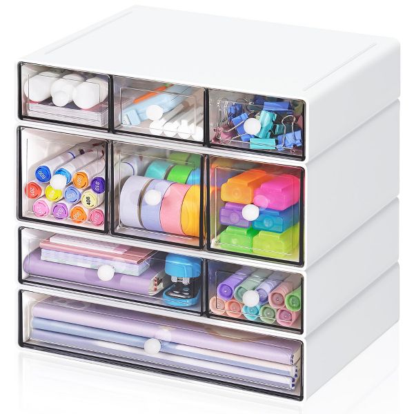 9-Drawer Desk Organizer, 4-Tier Plastic Storage Box with Clear Drawers, Stackable Desktop Storage Cabinet for Office Supplies, Makeup, Crafts