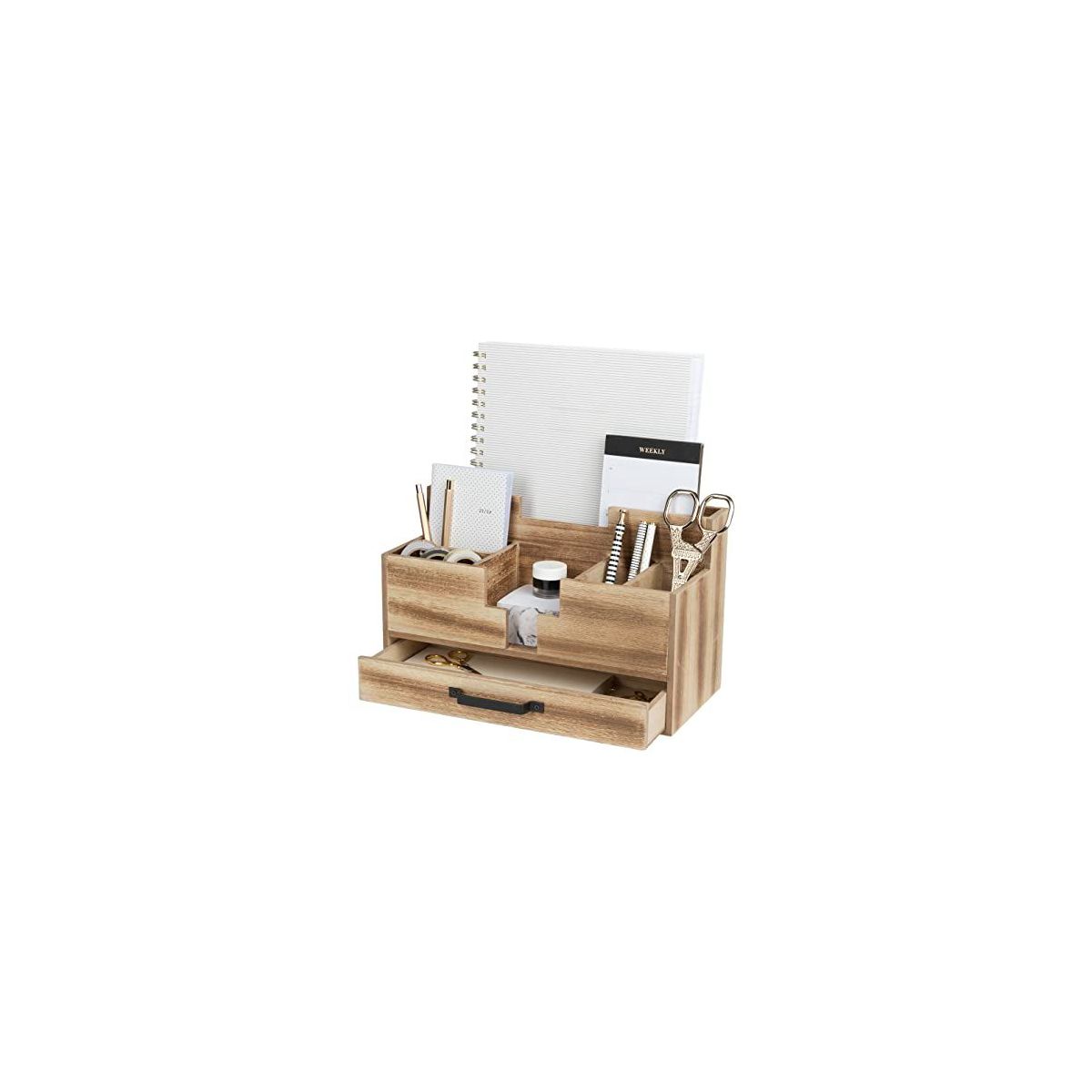 Blu Monaco Wooden Desktop Organizer Large Desk Accessories and Workspace Organizers - Office Organizer with Drawer in Natural Wood