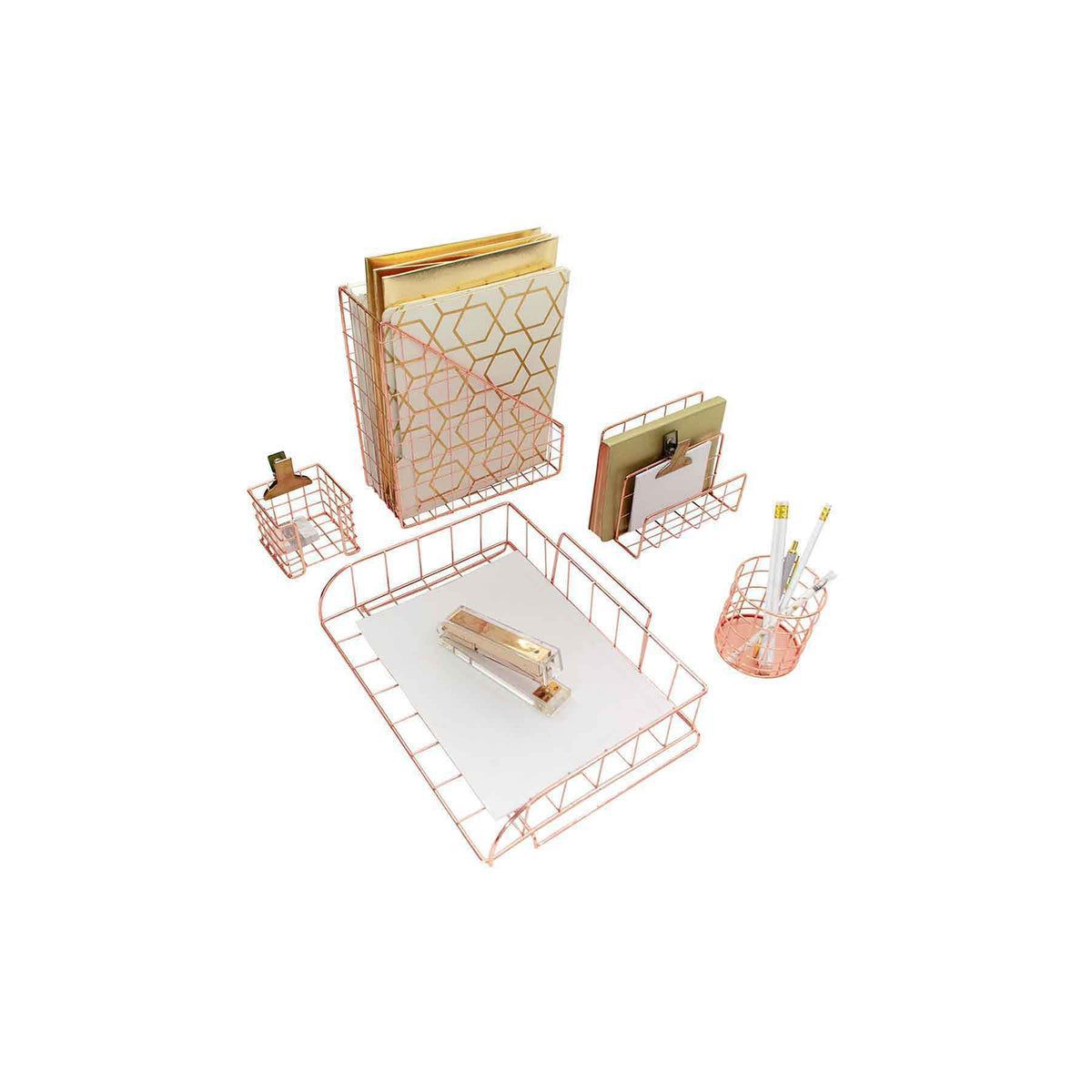 Blu Monaco Monte Rose Gold Wire Desk Organizer Set