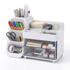 Large Capacity Desk Organizer with 2 Clear Drawers & Pen Holder, 35cm Black Desktop Storage Rack for Office, School & Home Supplies