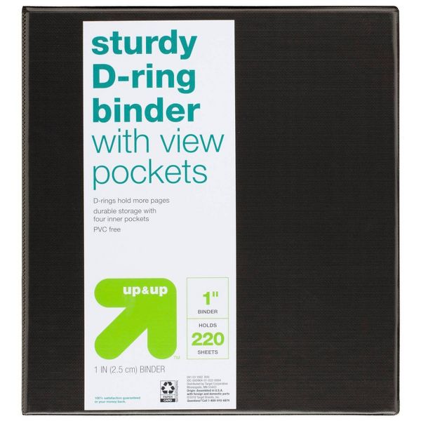6pk 1" D Ring Binder Black - up&up™: 220 Sheet Capacity, 3 Ring, 4 Pockets, Hard Cover, Office Supplies