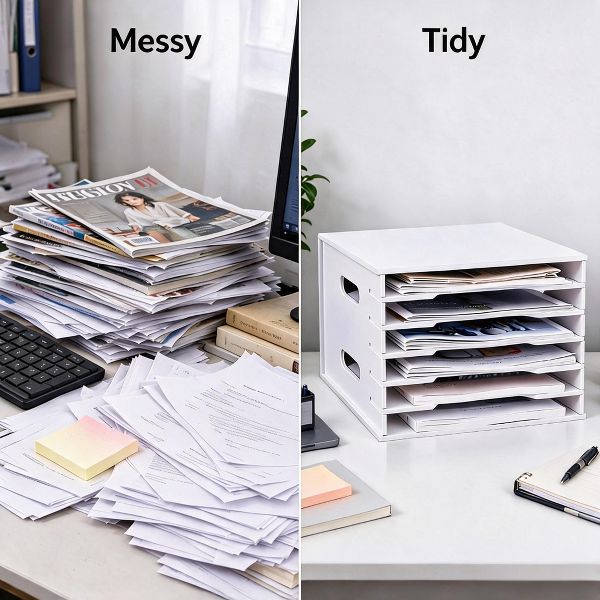12-Tier Adjustable Paper Storage Rack, PVC Desktop File Organizer Shelf with Wooden Bookshelf Design, Durable Multi-Layer Document Holder for Office