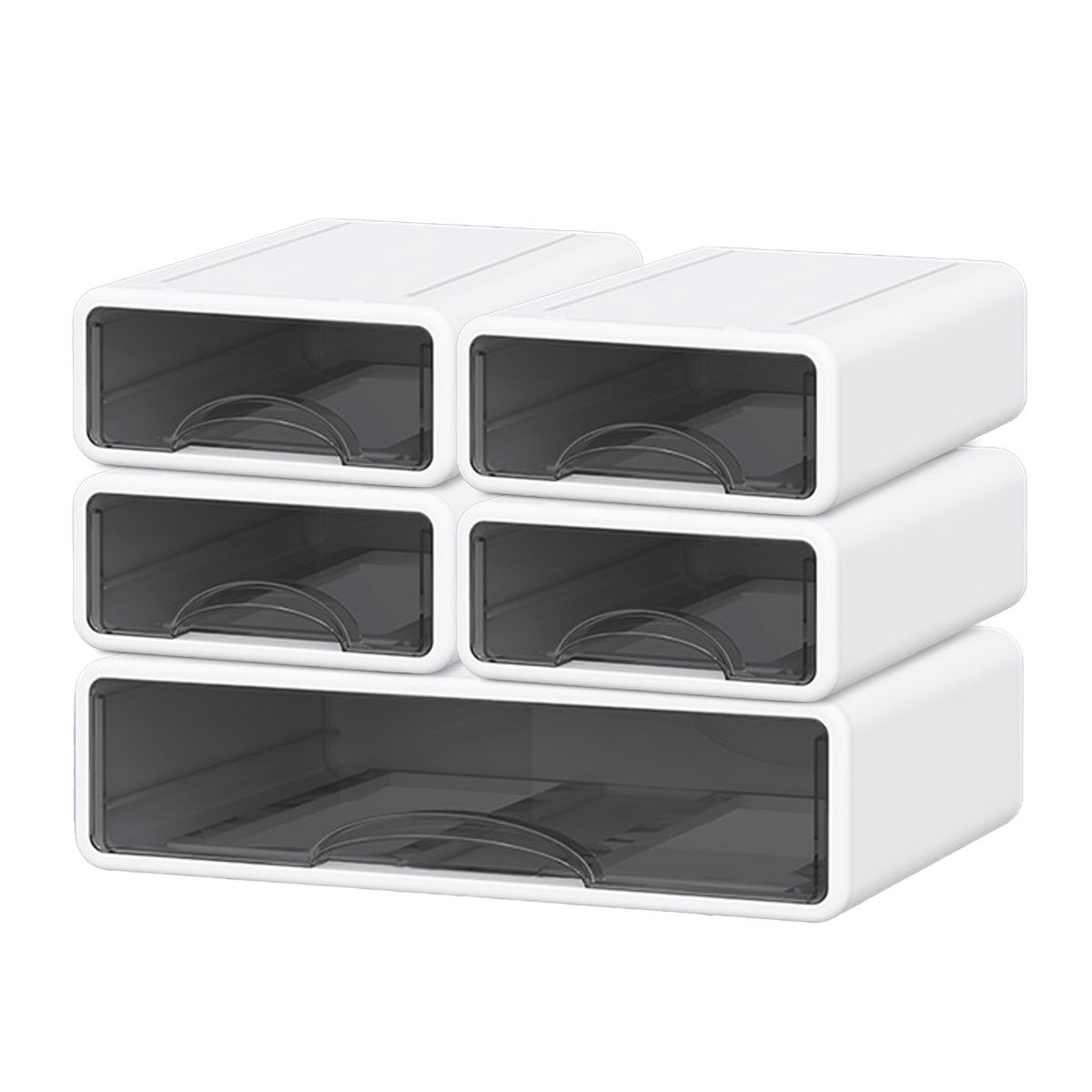 Stackable Storage Drawer with Dividers, Transparent PP Material Desktop Organizer, Includes 1 Large and 2 Small Pieces, White